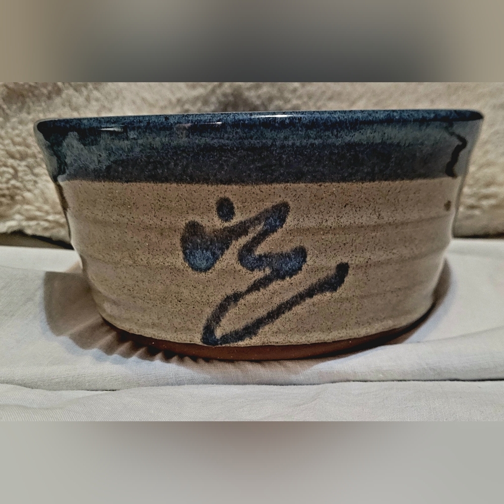Clement Art Pottery Bowl Blue And Tan With Drip Glaze, Signed By The Artist